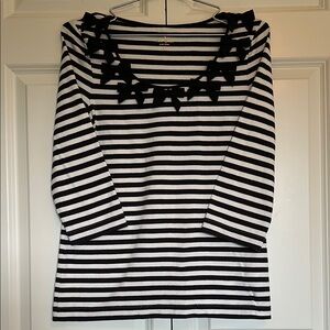kate spade black and white striped top. Rounded neck with bows 3/4 sleeves EC
